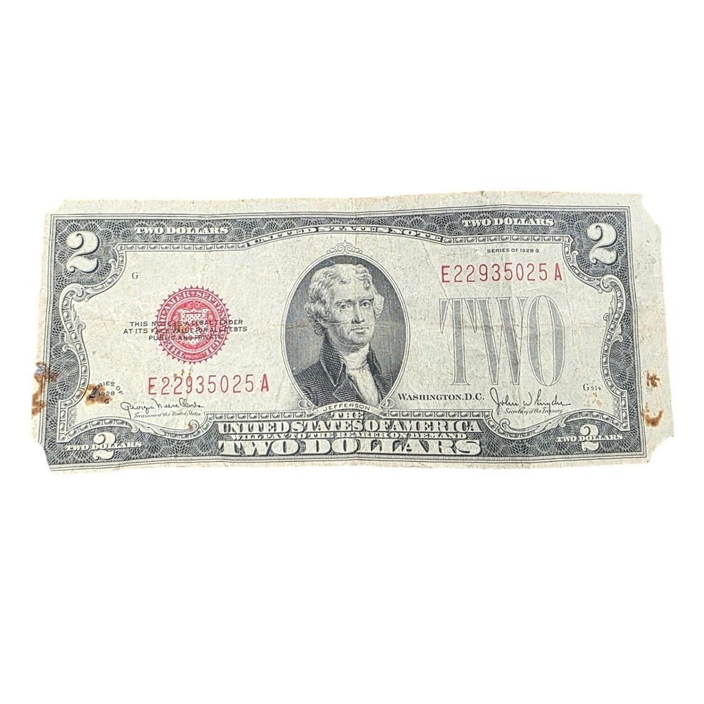 1928 G‎ Two Dollar Bill Red Seal United States Note E22935025A Vintage Currency